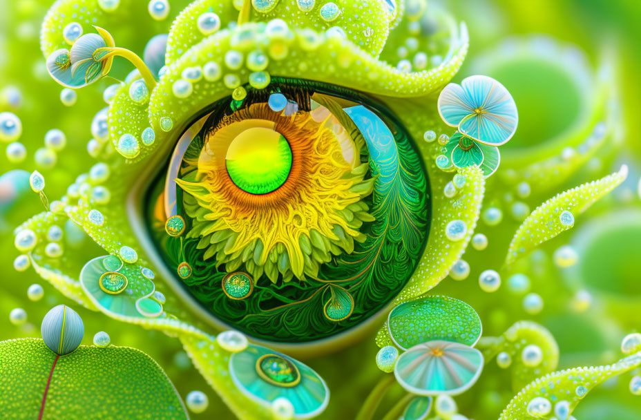 Colorful digital artwork featuring eye, green flora, dewdrops