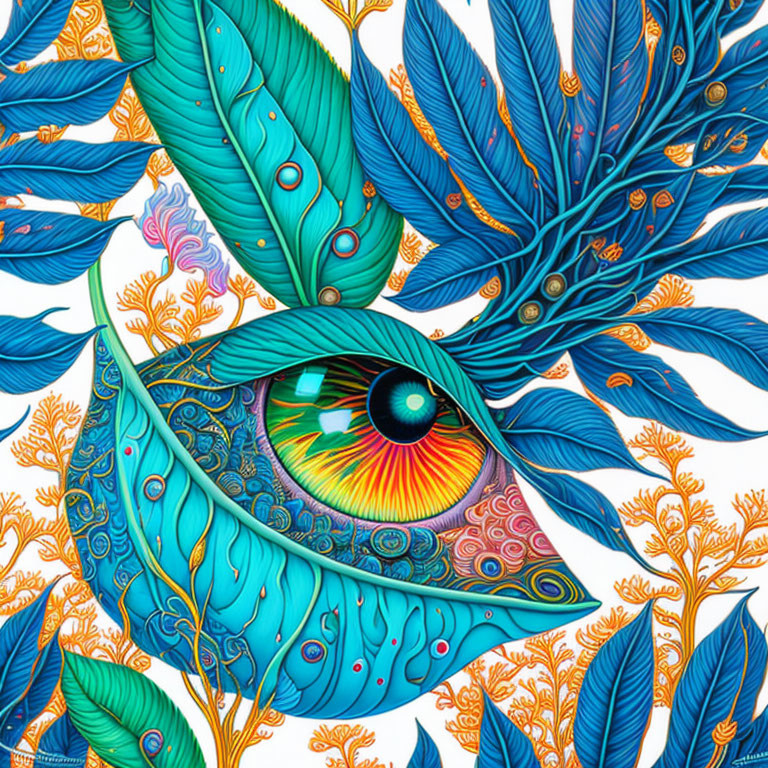 Eye surrounded by vibrant peacock feathers in blue, green, and gold hues