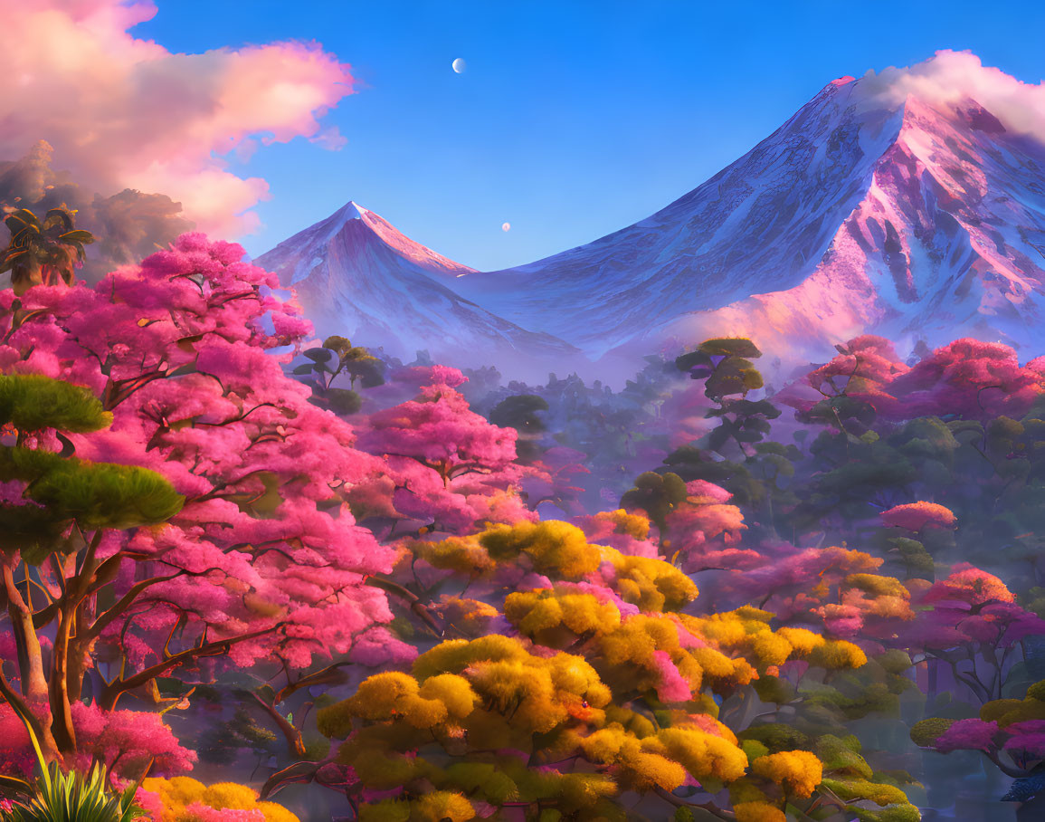 Pink Foliage Forest with Snowy Mountains and Sunset Sky