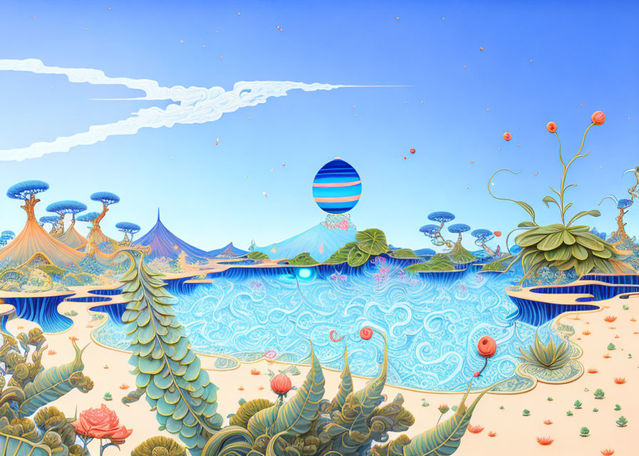 Colorful surreal landscape with striped hot-air balloon and whimsical plants