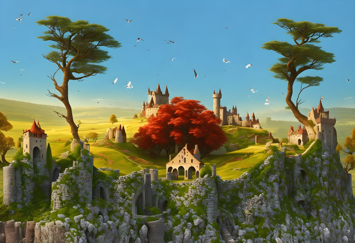 Lush green hills, trees, birds, and castles in a scenic landscape