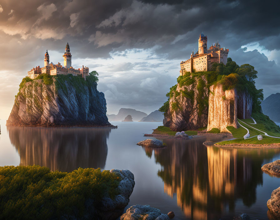 Two castles on cliffs with water, dramatic sky, and winding path.