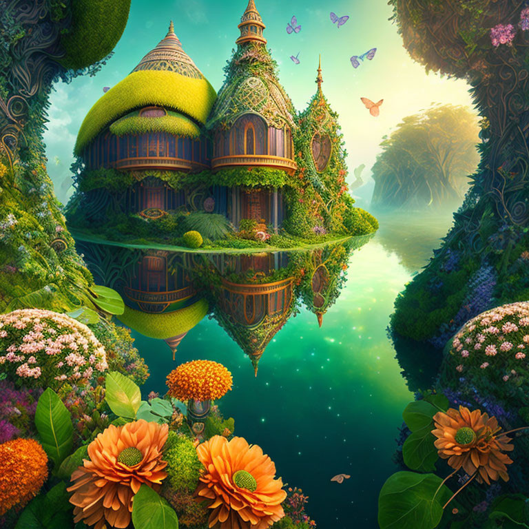 Whimsical house in fantasy landscape with vibrant flowers and butterflies