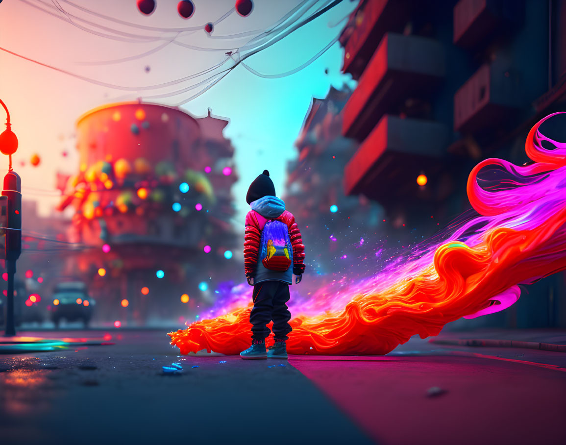 Child on city street with vibrant neon cape creates surreal scene
