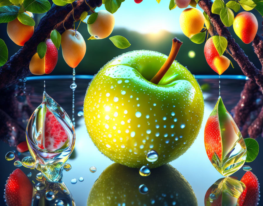 Surreal green apple with water droplets and ripe fruit on reflective surface