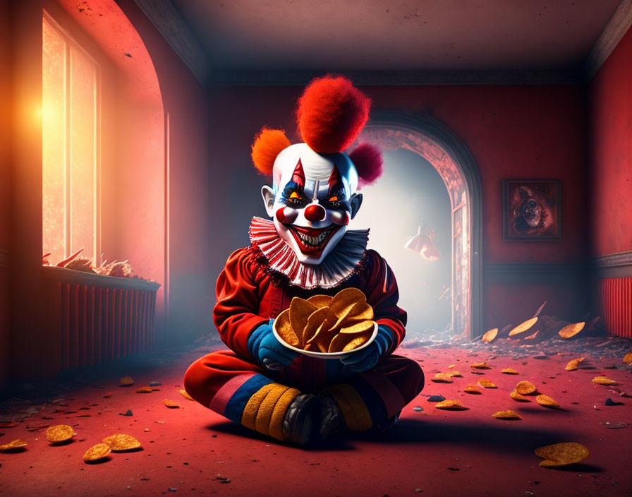 Menacing red-haired clown in eerie room with golden leaves
