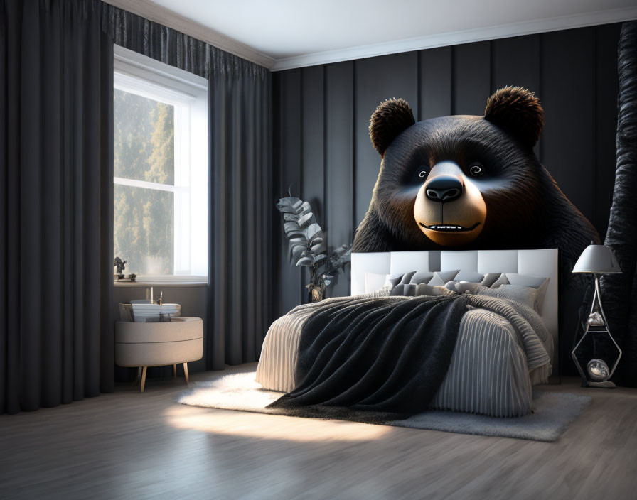 Modern Stylish Bedroom with Large Plush Bear Headboard