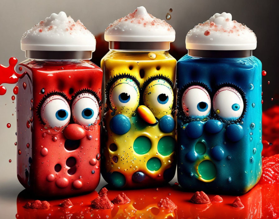 Colorful cartoon jars with googly eyes and dynamic expressions on dark background