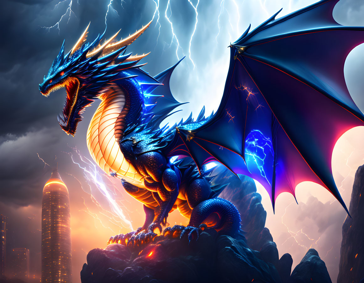 Blue dragon on cliff with lightning in futuristic cityscape