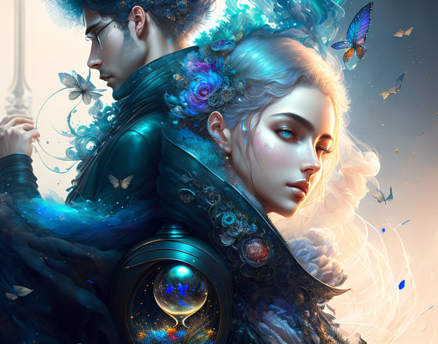 Fantasy illustration of two characters with mystical atmosphere and glowing butterflies.