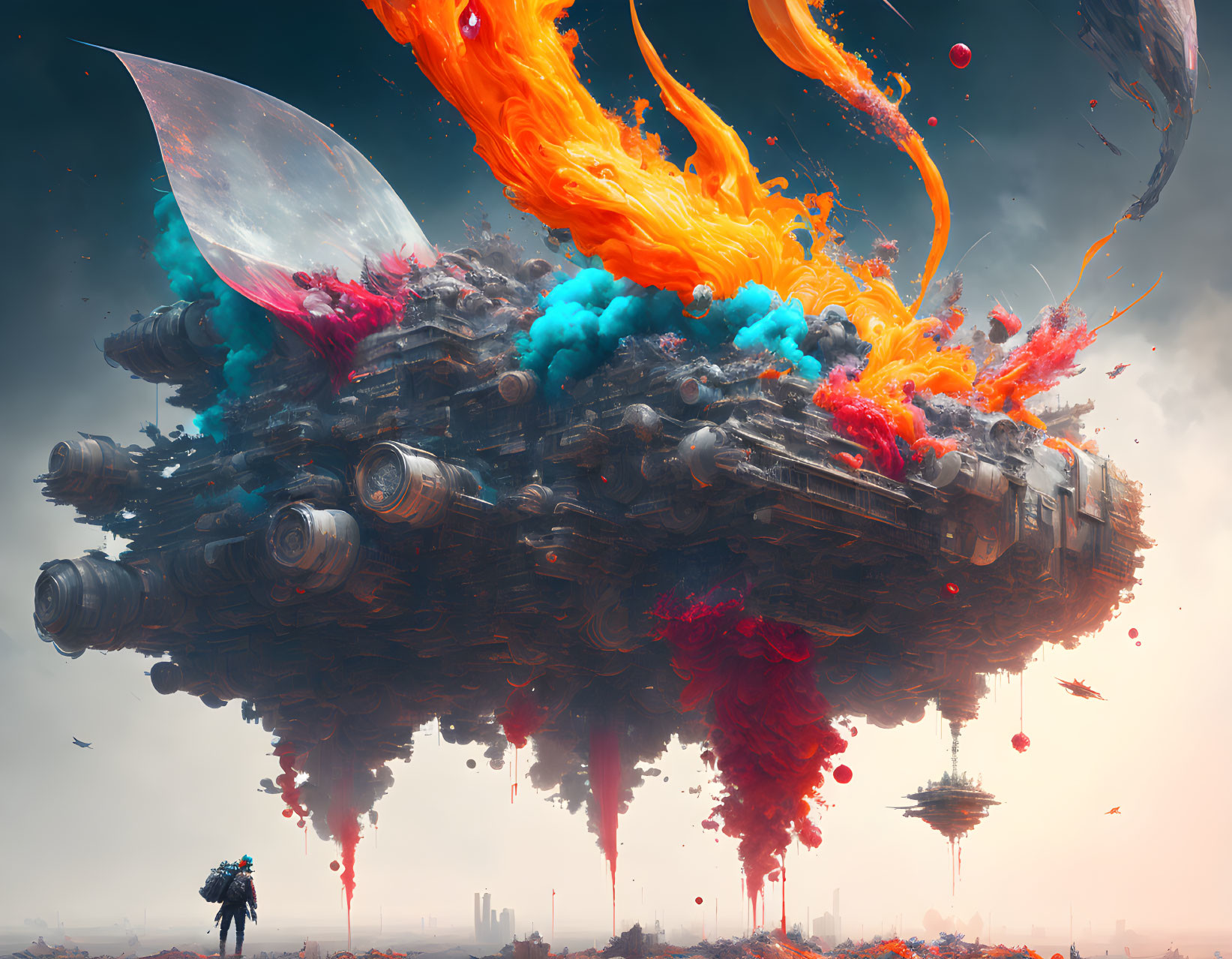 Fantastical floating island with engines and colorful smoke in surreal sky