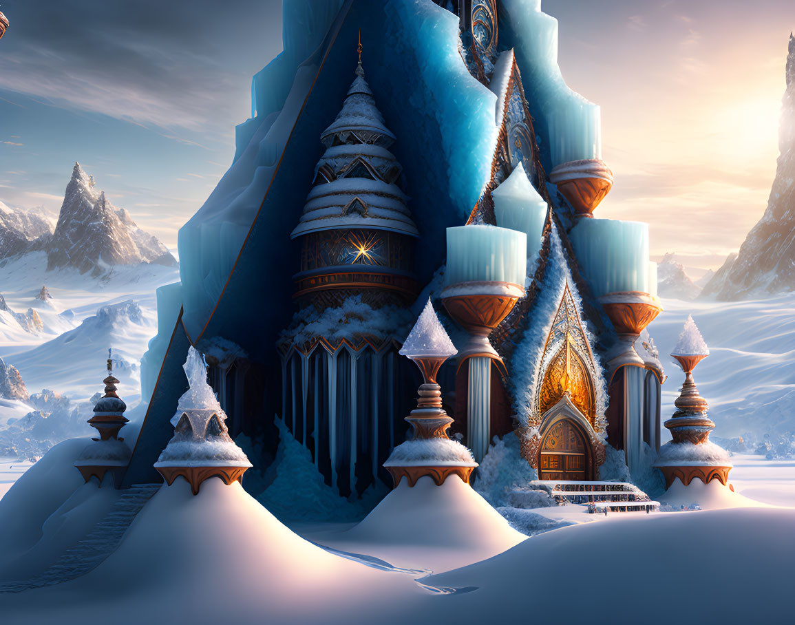 Majestic Ice Castle in Snowy Landscape with Ornate Towers