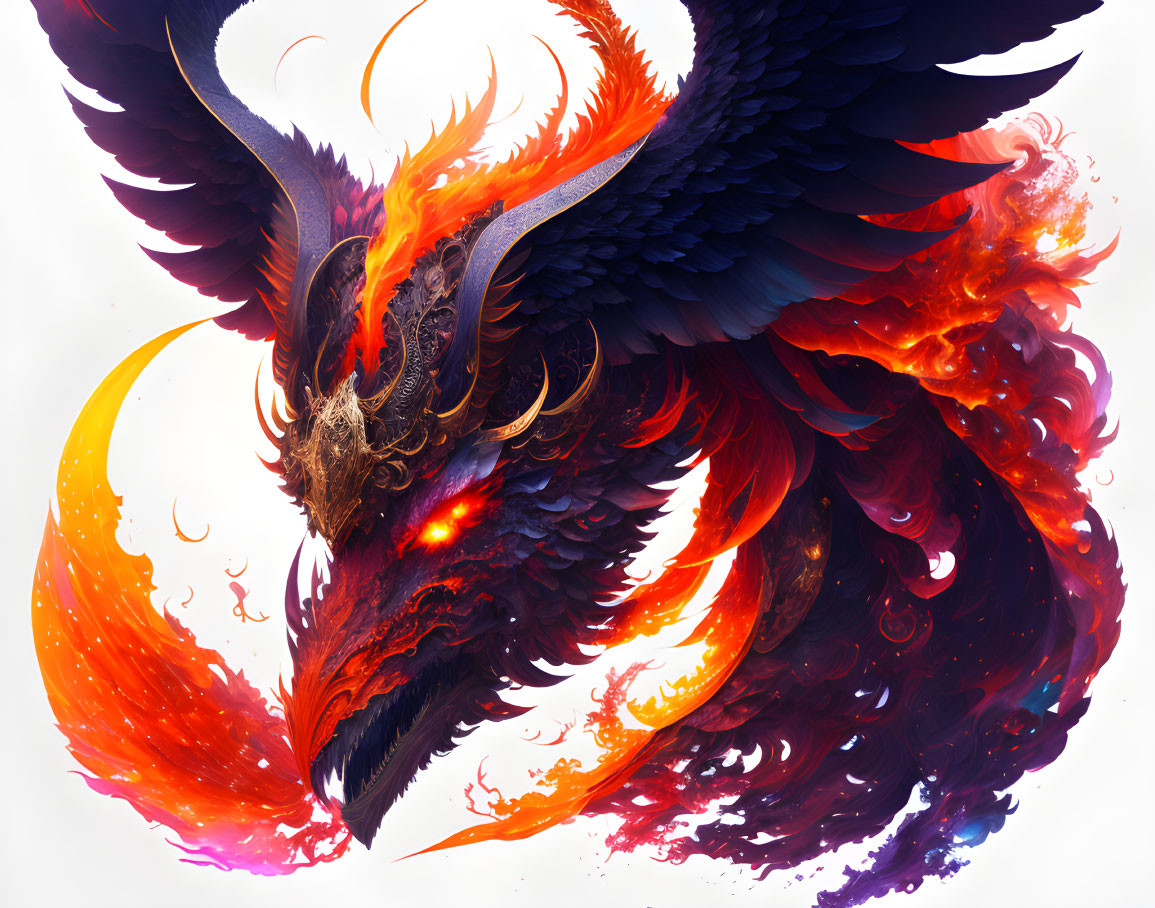 Vibrant phoenix with fiery wings and swirling flames on white background