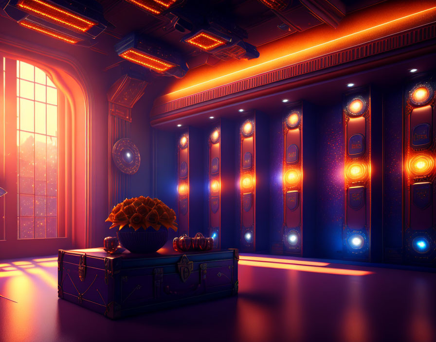 Futuristic room with orange and blue lights and vintage chest by window