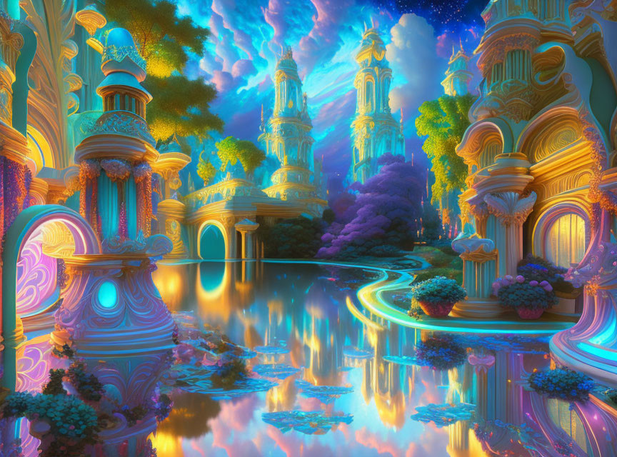 Vibrant cityscape with ornate buildings and surreal nebula