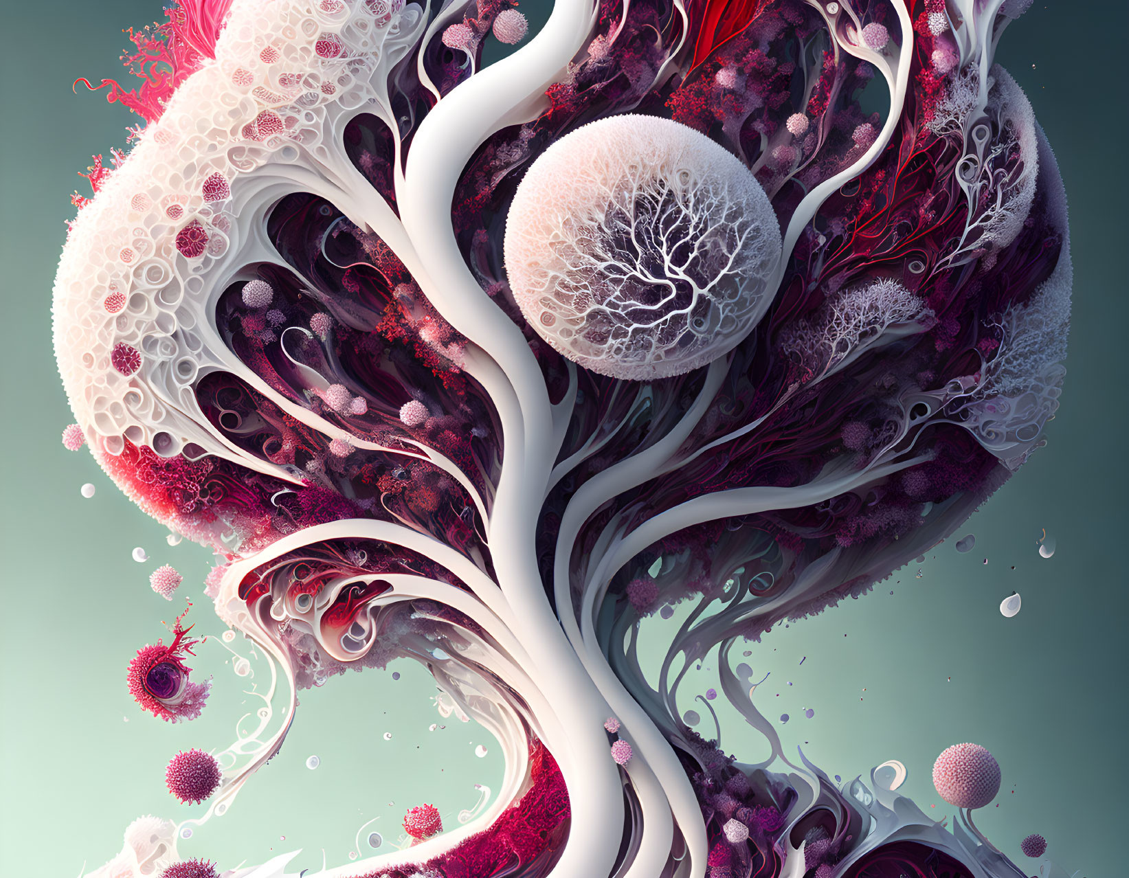 Surreal tree illustration with white branches and red/pink organic shapes