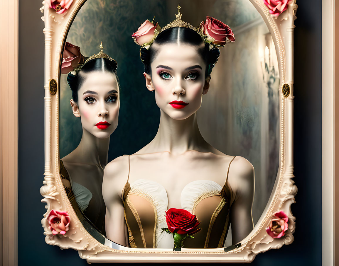 Ballet woman with rose crown mirrored in vintage setting