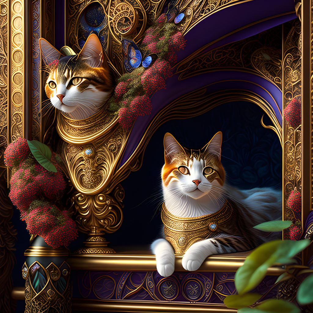 Regal Cats with Golden Necklaces in Lavish Setting