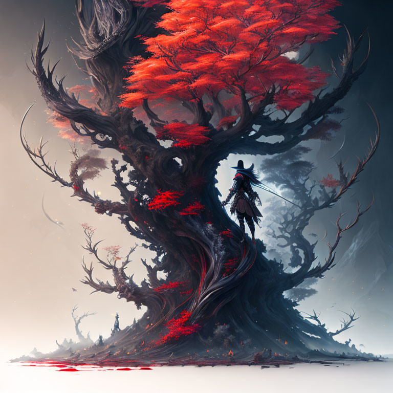 Mysterious figure in cloak near giant tree with dark branches and red leaves