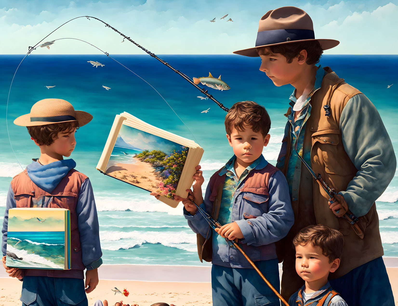 Boys with fishing rods on beach create seascape illusion