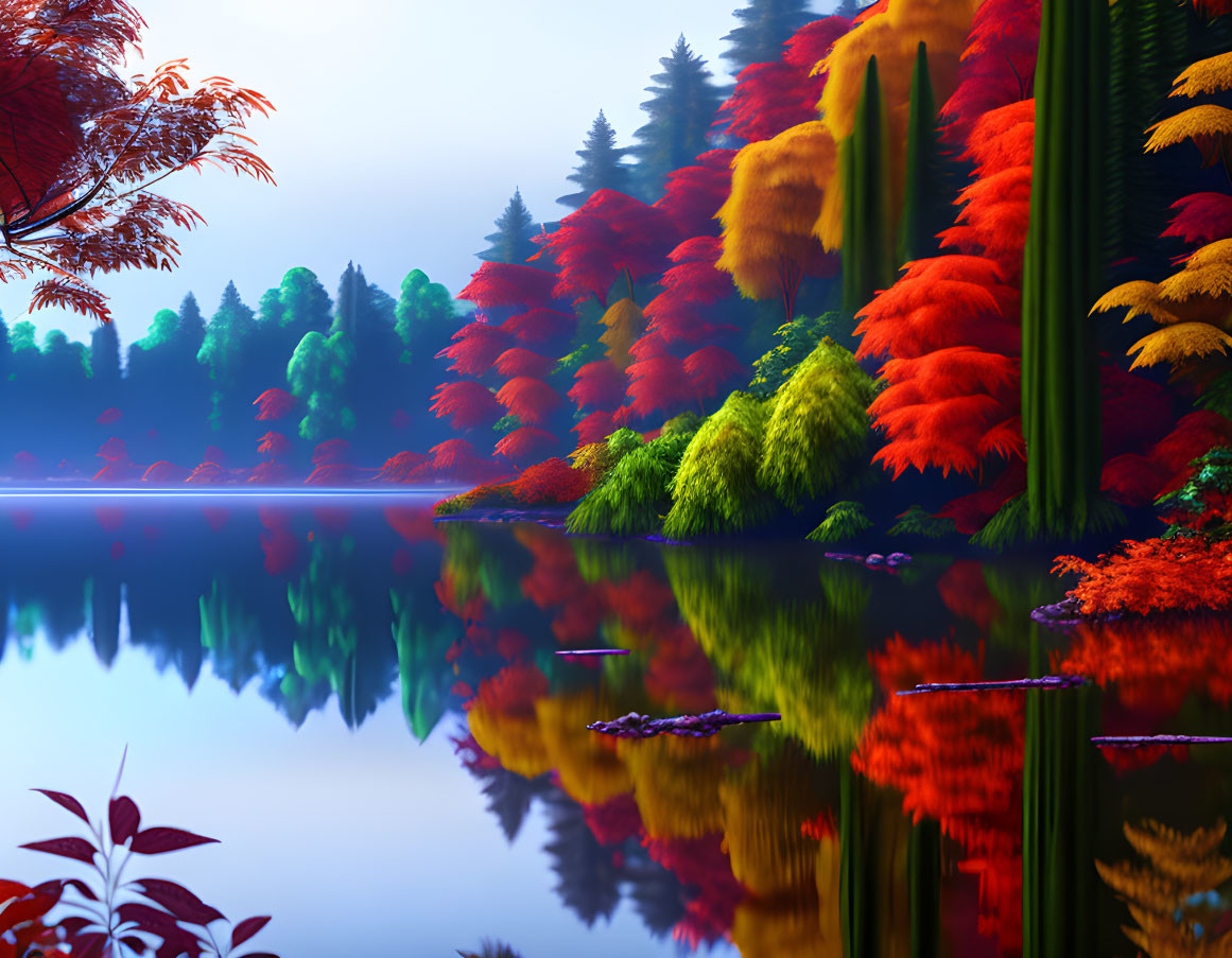 Autumn trees mirrored in serene lake under hazy sky