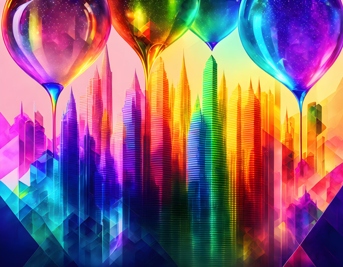 Colorful digital artwork: Rainbow cityscape with cosmic balloons