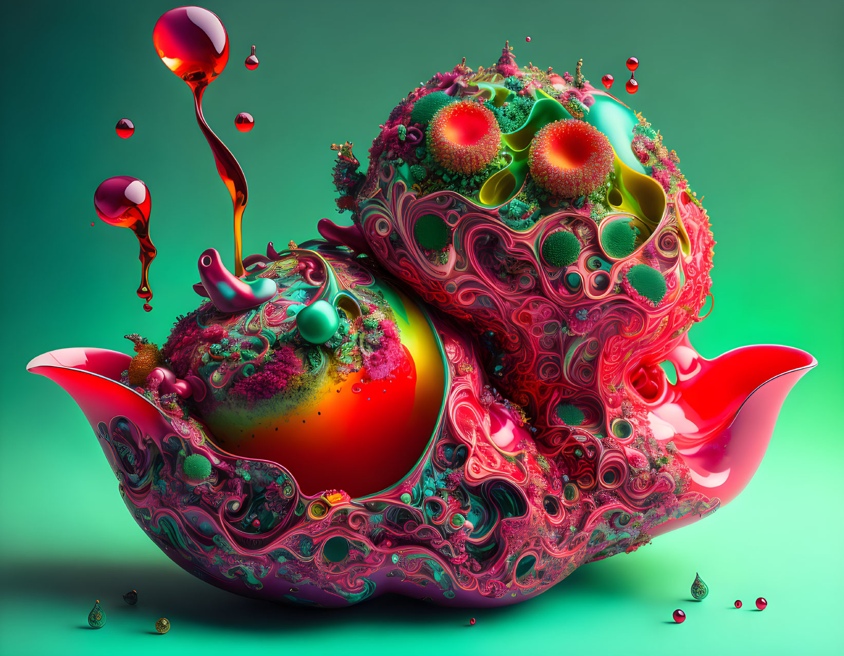 Abstract 3D art: Vibrant pink and green shapes with suspended liquid droplets