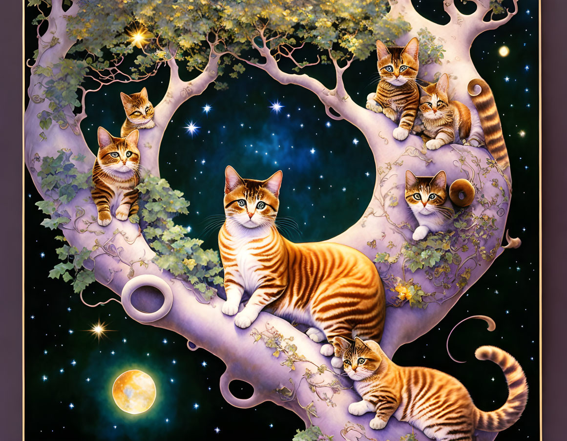 Illustration of orange tabby cats on tree branches under starry night sky