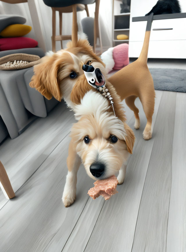 Playful Dogs with Toy and Sunglasses in Modern Living Room