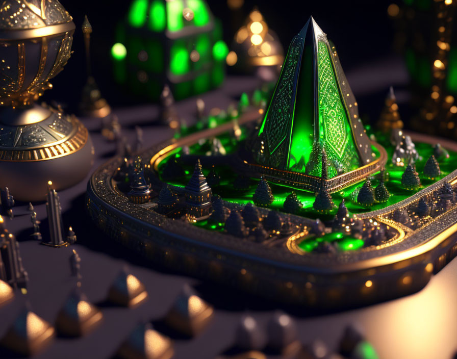 Luminous Green Pyramid Among Miniature Structures on Platform