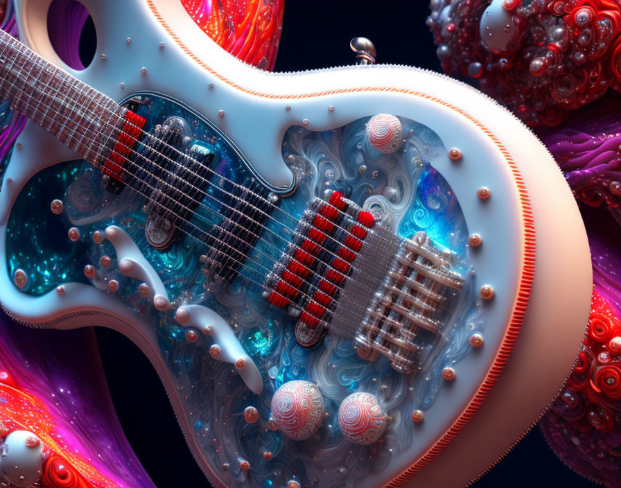 Colorful surreal guitar with cosmic patterns and intricate designs