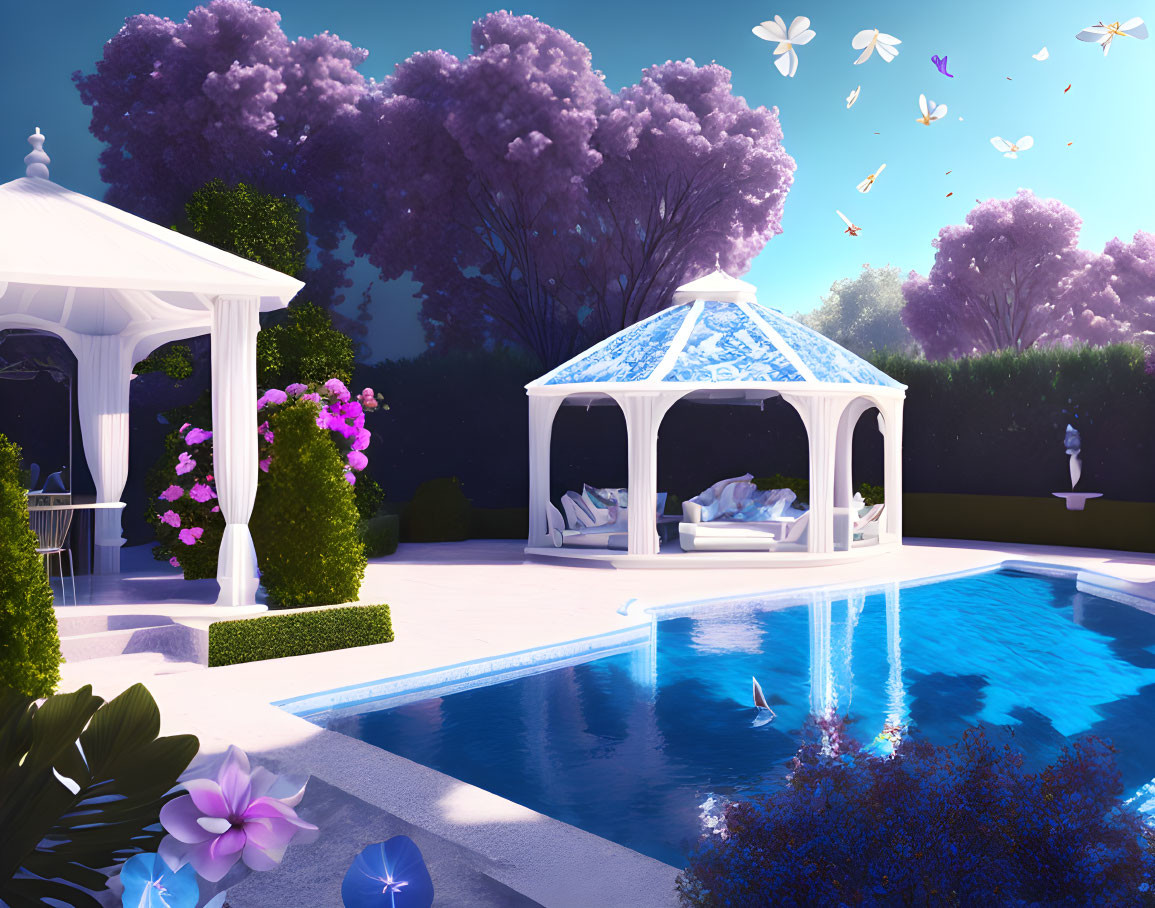 Lush garden with pool, white gazebos, flowers, trees, and butterflies