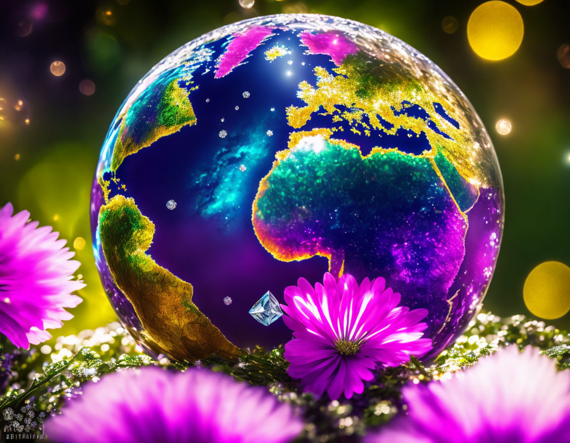 Earth surrounded by pink flowers and bokeh lights display