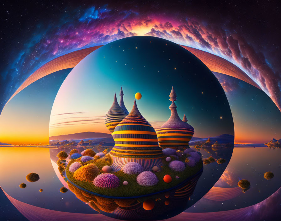 Striped colorful domes in surreal twilight landscape