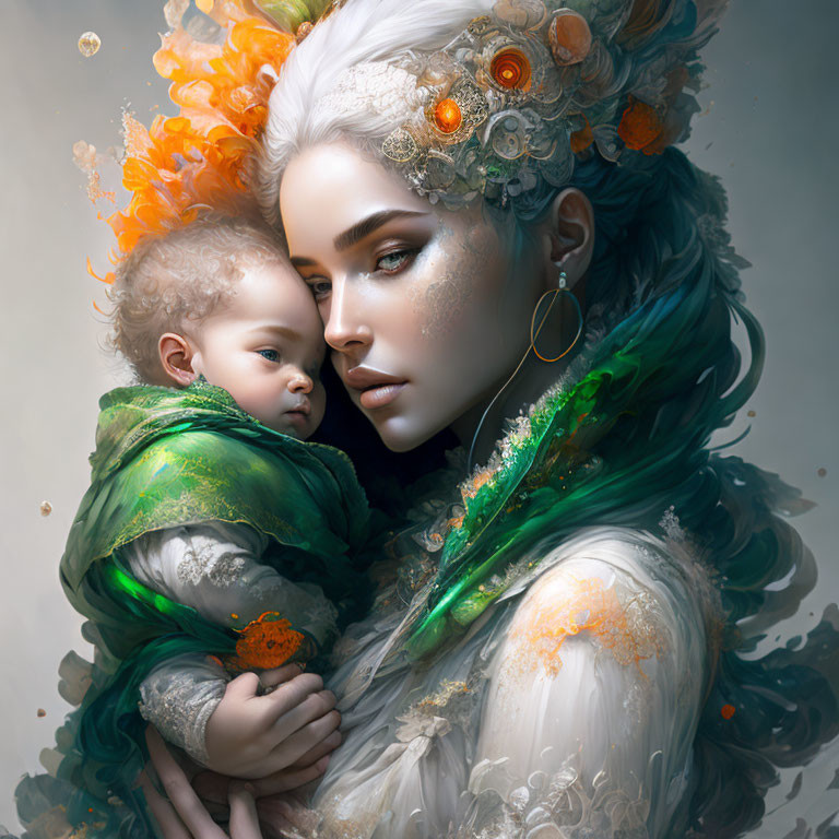 Serene woman with floral headwear holding baby in green shawl in ethereal setting