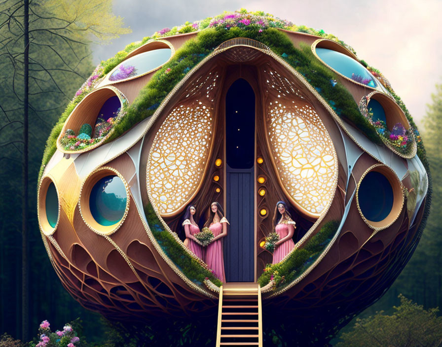 Spherical Fantasy Treehouse with Intricate Patterns and Women in Pink Dresses