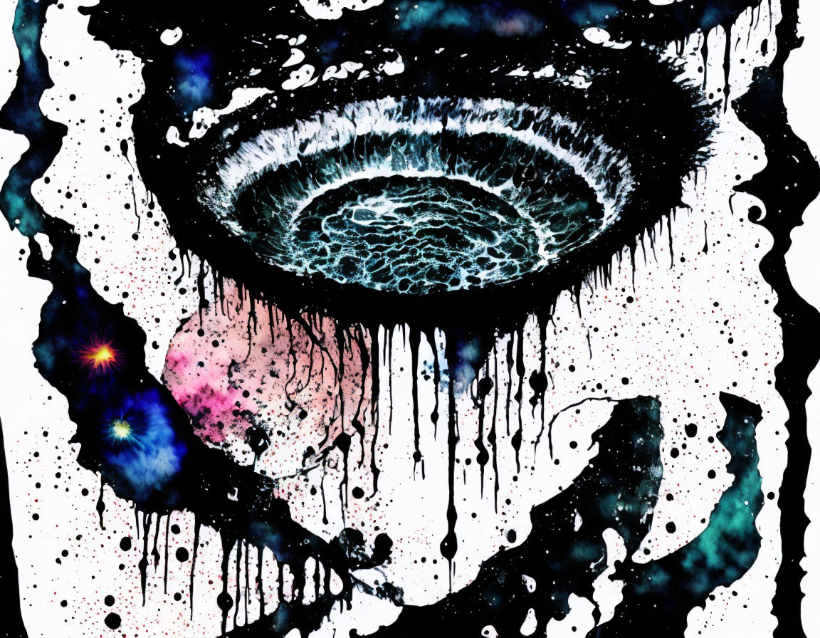 Abstract cosmic eye with nebula iris and black ink drips on white background