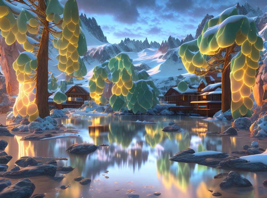 Winter Scene: Snowy Trees, Glowing Lights, Lake, Mountains at Dusk