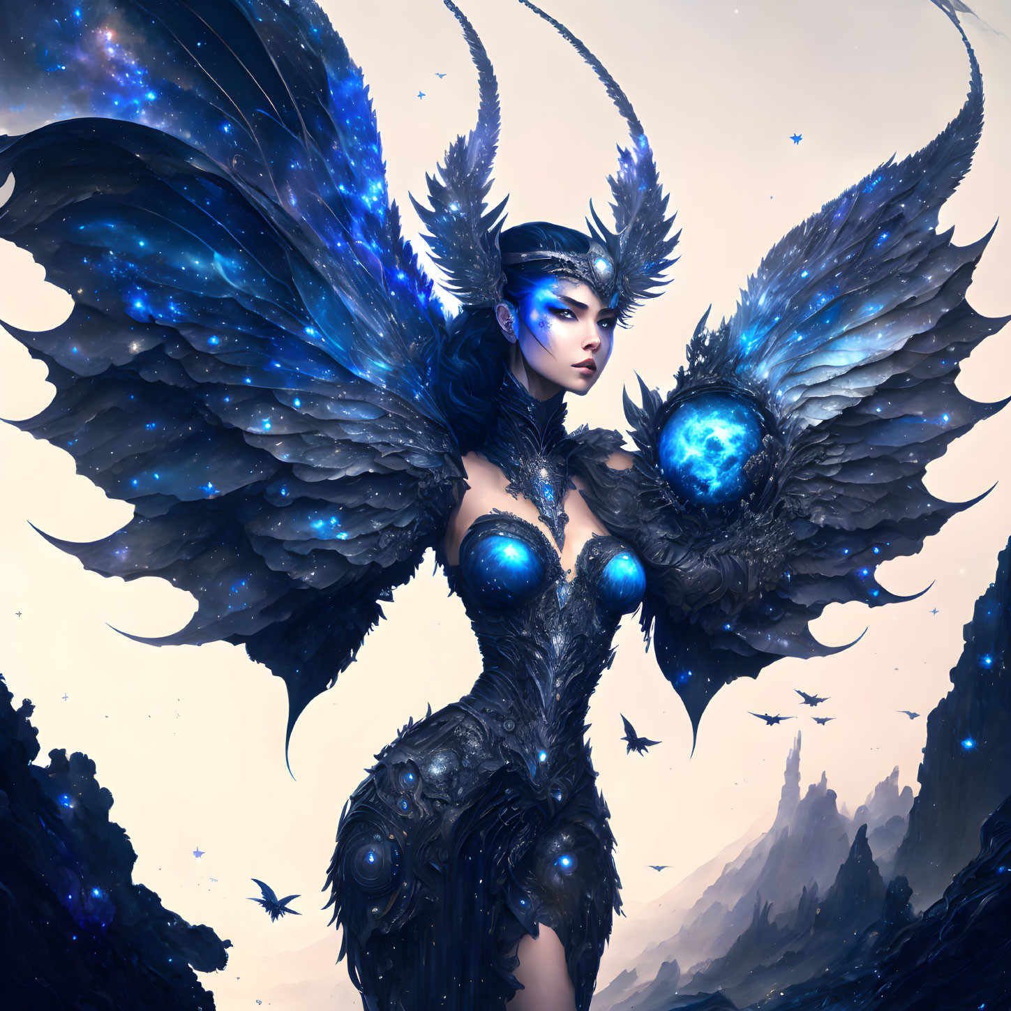 Fantastical female figure with starry wings and armor holding glowing orb on blue backdrop