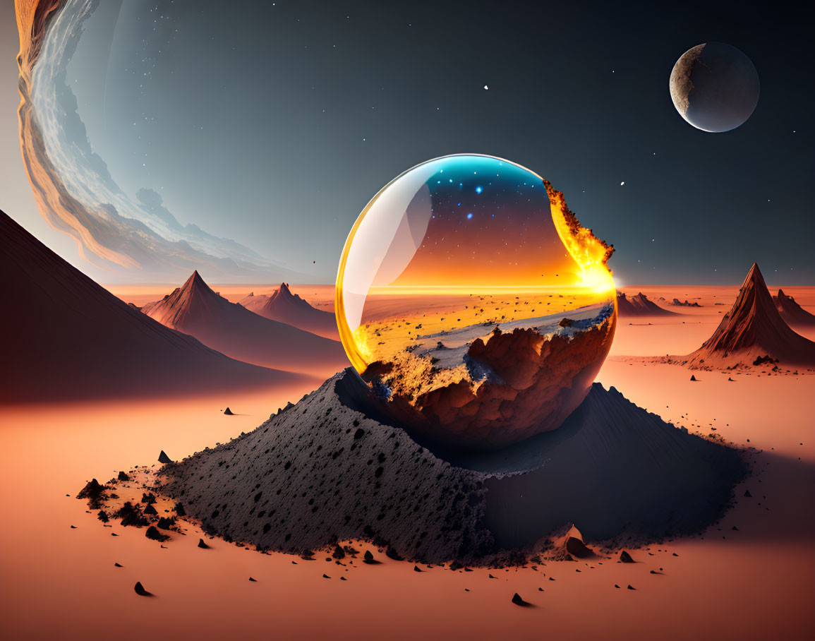 Surreal landscape with transparent sphere, ocean, and Martian terrain