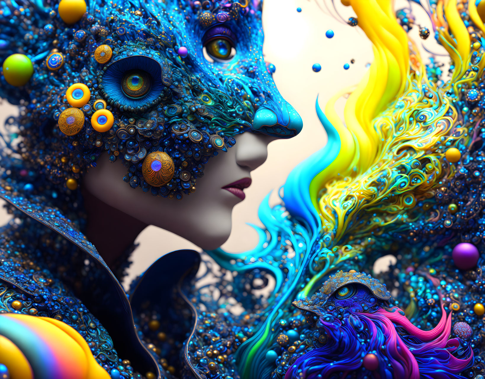 Colorful digital artwork: Person with intricate mask-like face and abstract forms