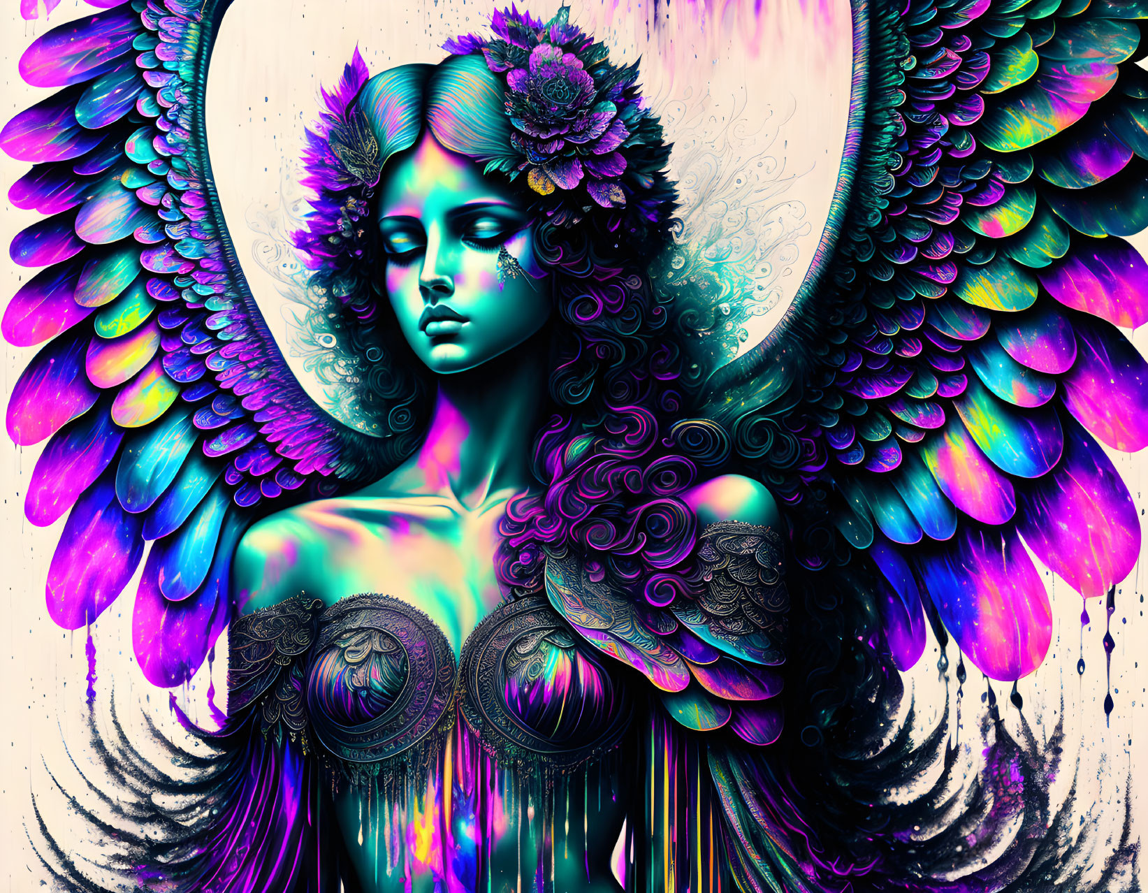 Colorful digital artwork: Female figure with wings and floral motifs in blue, purple, and pink.