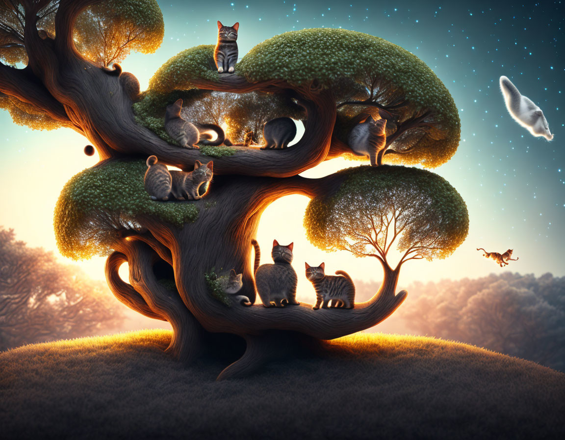 Whimsical tree with cats in lush canopies under magical twilight sky