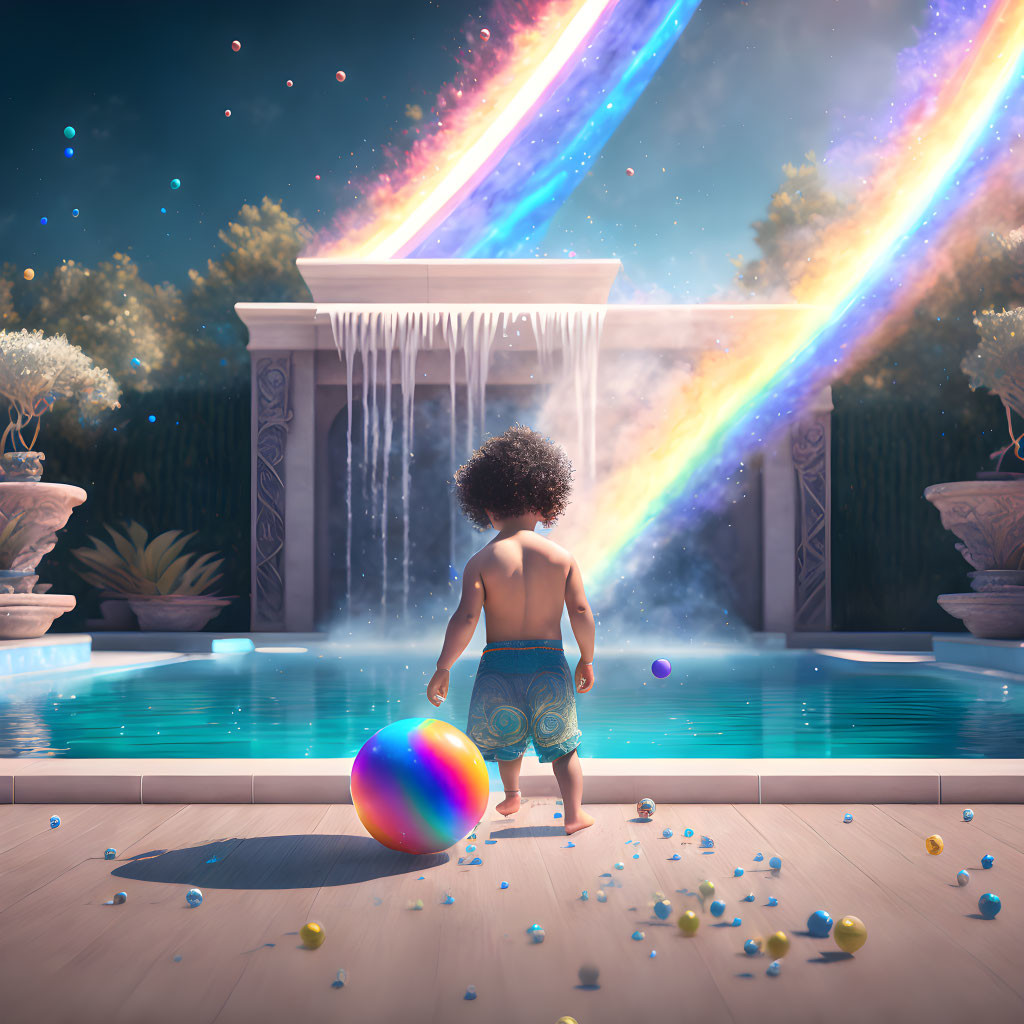 Child with Ball by Pool Under Magical Night Sky and Roman-style Structure