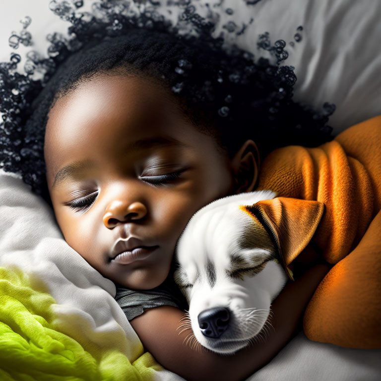 Child and puppy peacefully sleeping together in grey shirt and orange scarf