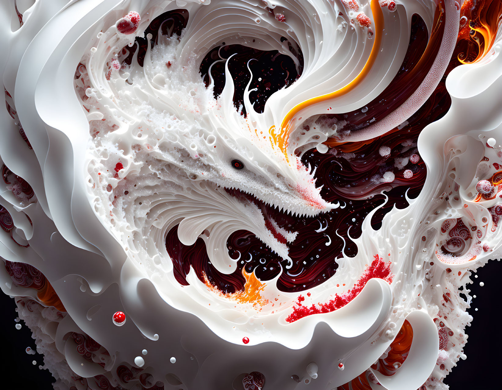 Dynamic Swirling Abstract Art in Creamy White, Deep Red, and Brown Hues