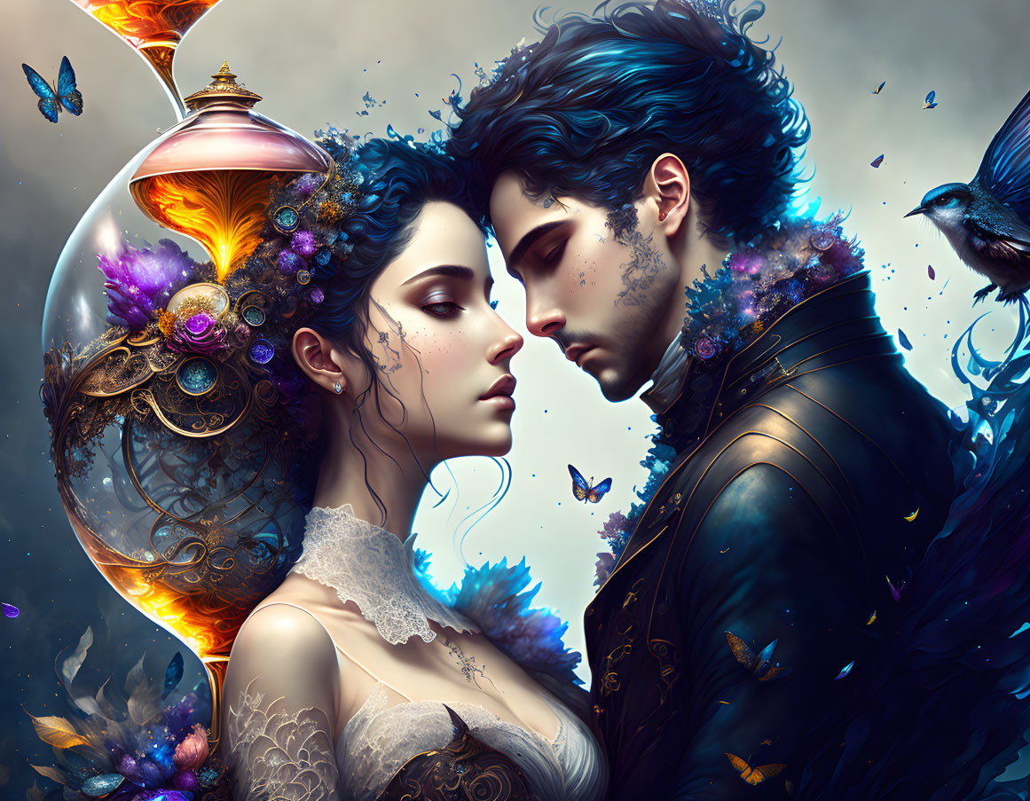 Fantasy couple with ornate attire, birds, butterflies, and magic orb in celestial scene