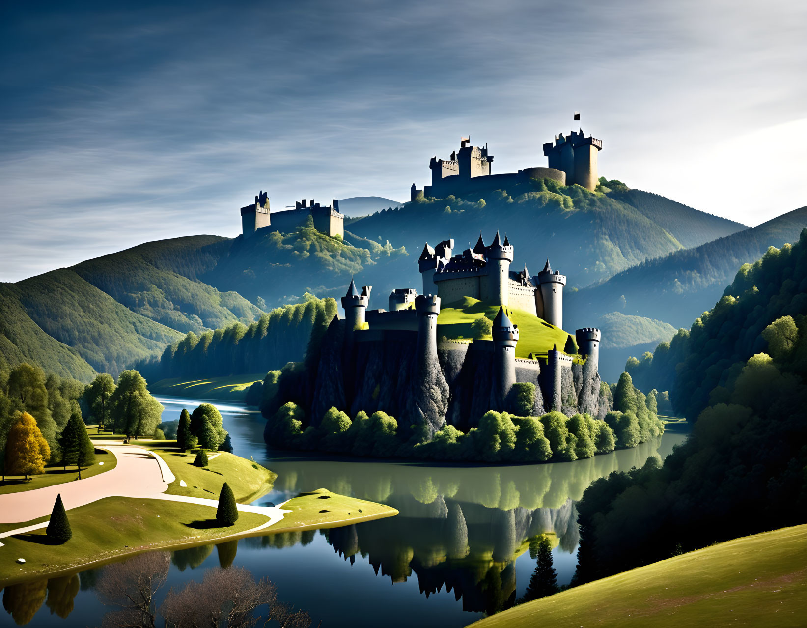 Castle on Hill Overlooking Serene Lake and Lush Landscape