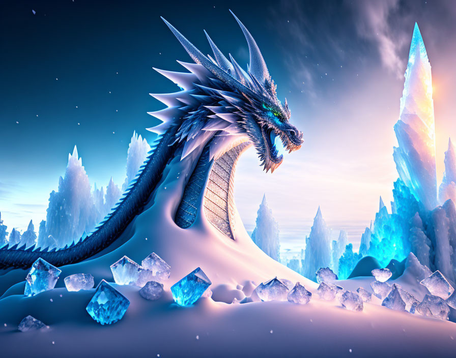 Majestic dragon in crystalline ice spires twilight scene