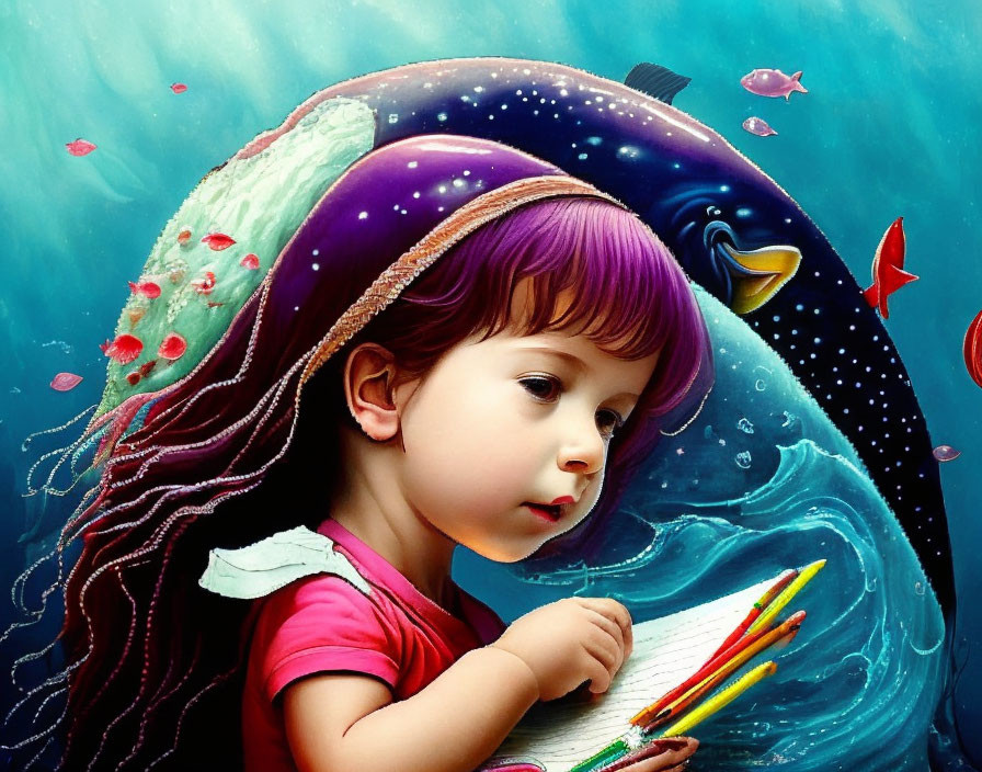Young girl with purple-streaked hair holding colored pencils in front of whimsical space and ocean scene